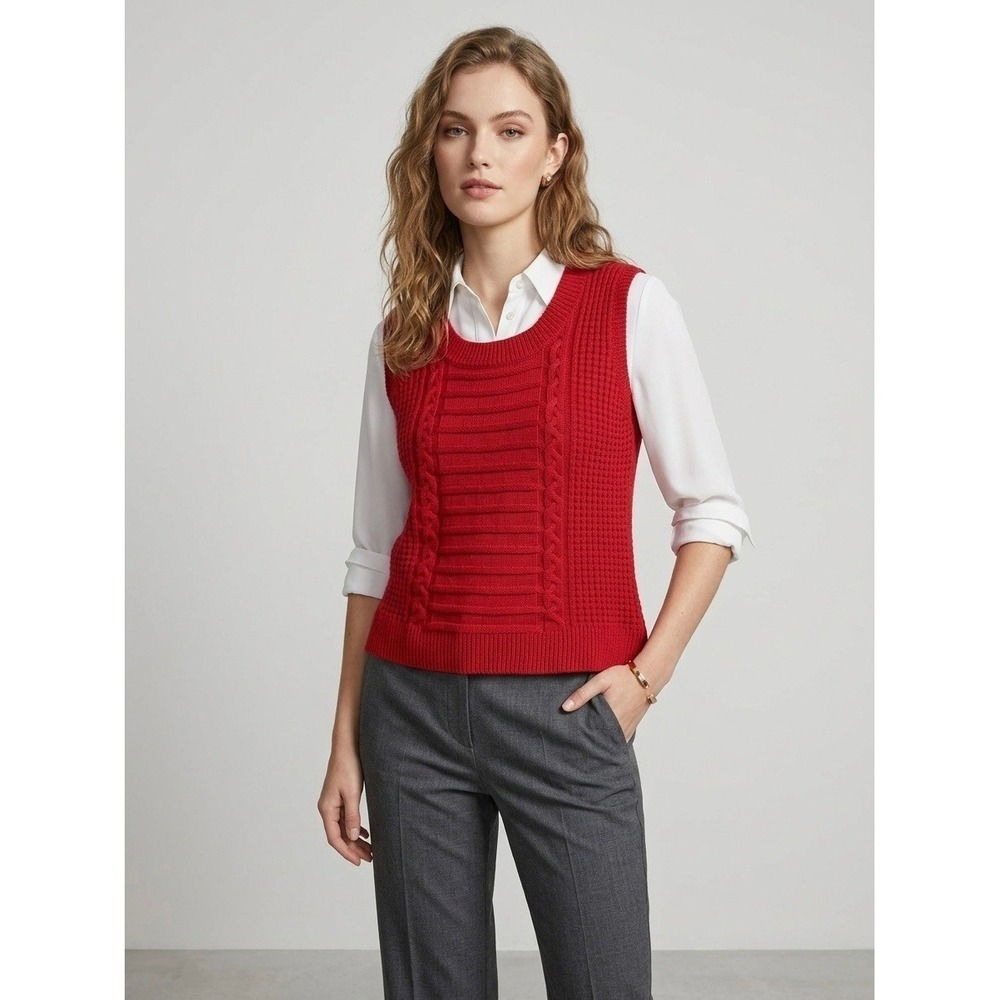St. John Red 100% Wool Cable Knit Sweater Vest Sleeveless Scoop Neck Large FA12